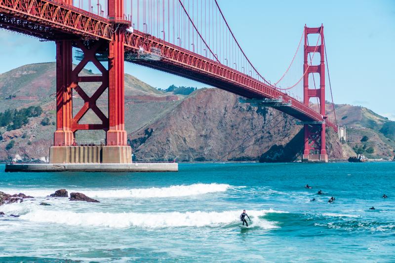 Surfing underneath the Golden Gate Bridge